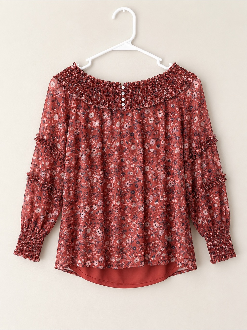 Bobeau Rust Red Floral Off Shoulder Blouse Built-In Cami Size S Boho